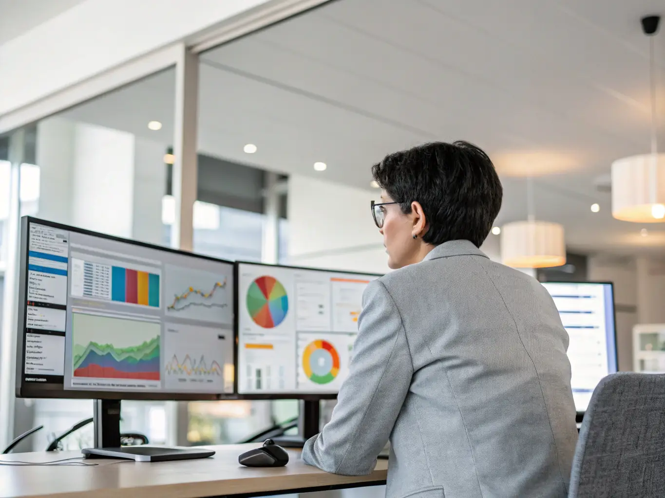 A professional in a suit is reviewing a dashboard on a laptop, showcasing risk assessment data with AI insights, in a modern office setting.
