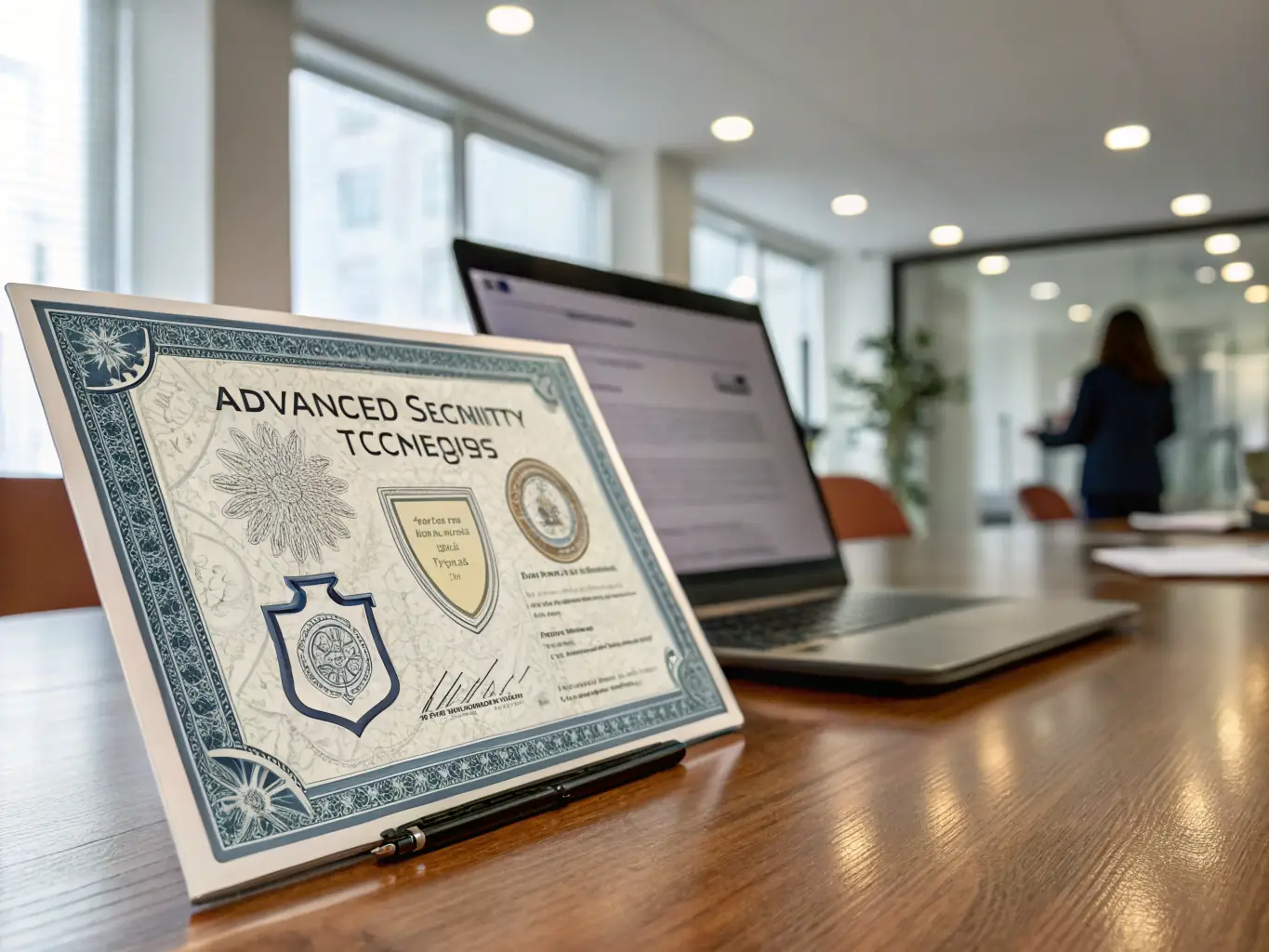 An ISO 27001 certificate is displayed prominently, with a background showing a secure network infrastructure managed by AI.