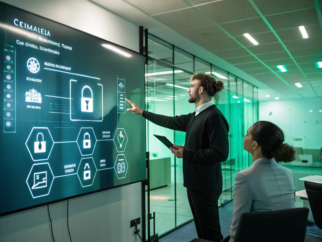 An image of a consultant working with a client, reviewing ISO documentation and security protocols, representing the ISO 27001 Consulting Services.